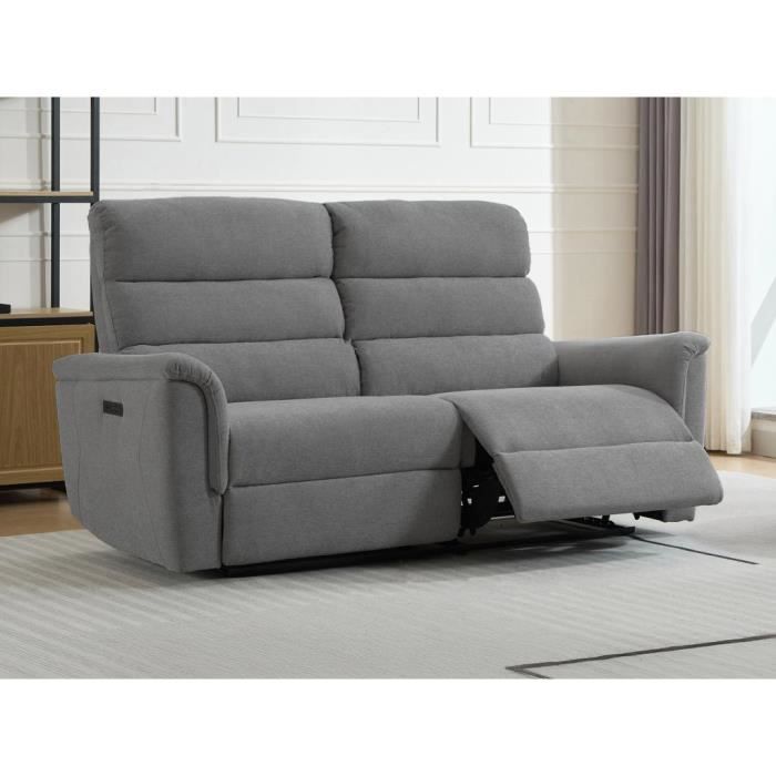 Canapé 3 places relax électrique en tissu gris CARTASIA