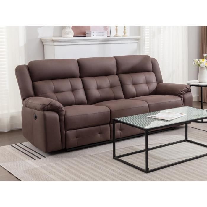 Canapé 3 places relax électrique en microfibre aspect cuir vieilli marron ORTIANO