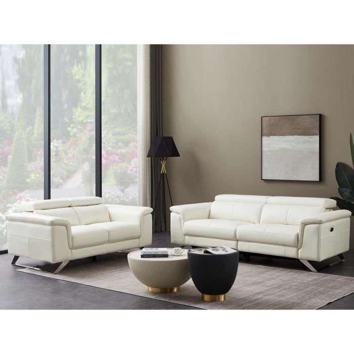 Canapé 3 places relax électrique en cuir de vachette blanc BREYT II - VENTE-UNIQUE - Relaxation - Design - Blanc