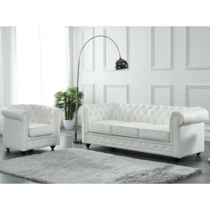 Canapé 3 places et fauteuil en cuir de buffle CHESTERFIELD - Blanc - Confort moelleux - Fixe