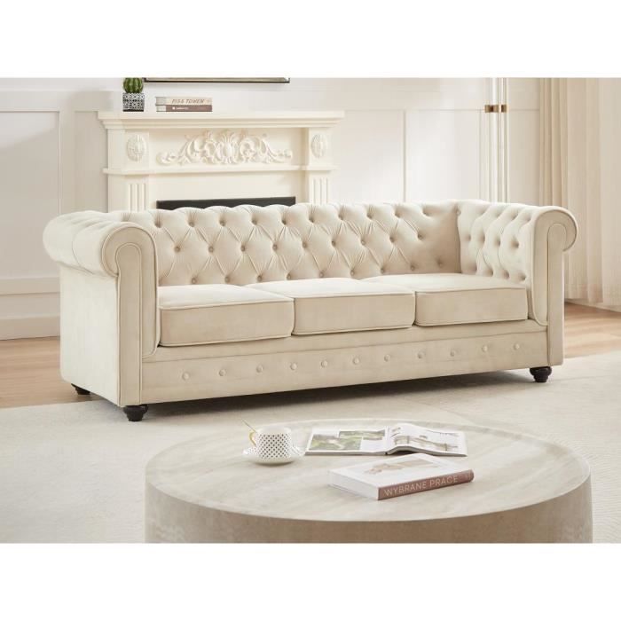 Canapé 3 places en velours beige - VENTE-UNIQUE - CHESTERFIELD - Style vintage - Confort ferme