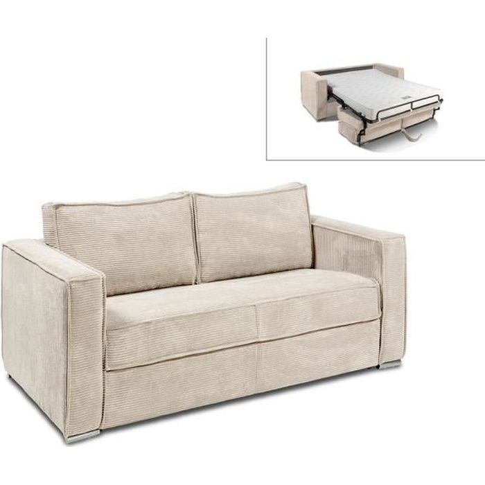 Canapé convertible express en velours côtelé beige - VENTE-UNIQUE - LORETO - 3 places - Quotidien - 140x190cm