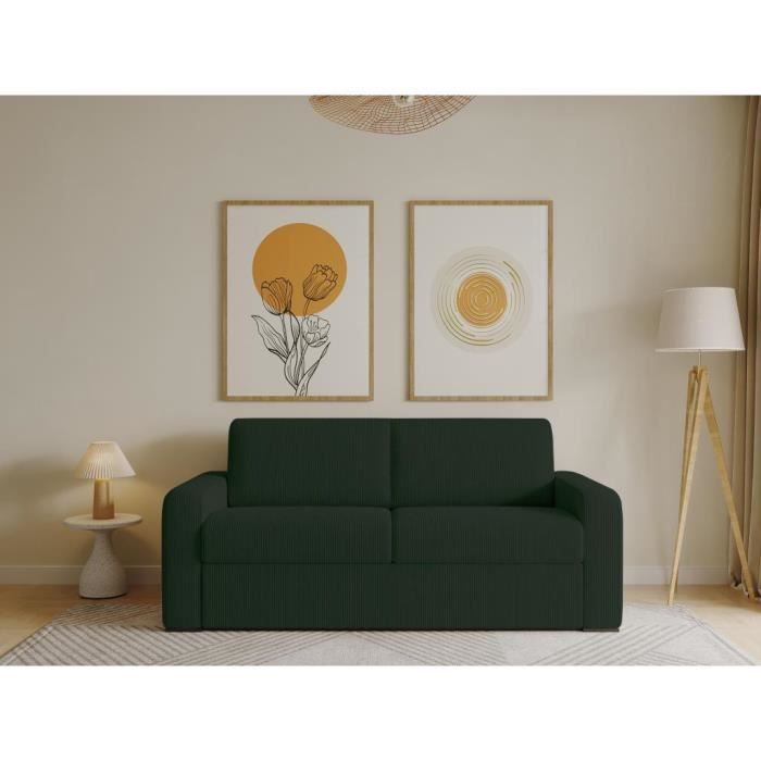 Canapé 3 places convertible express en velours côtelé vert sapin - Couchage à lattes larges 140 cm - Matelas 20 cm - BEVIS