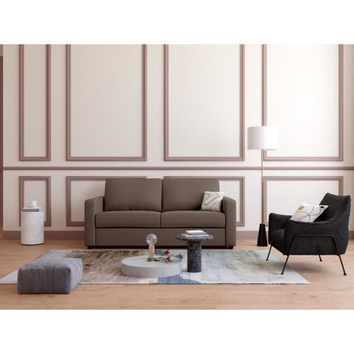 Canapé 3 places convertible express en tissu marron Couchage 140 cm - Matelas 14 cm DONETO