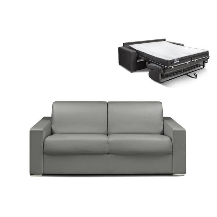 Canapé 3 places convertible express en simili CALITO - Gris - Couchage lattes larges 140 cm - Matelas 16 cm avec mousse à mémoire