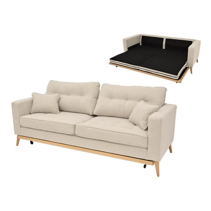 Canapé 3 places convertible en tissu crème - VENTE-UNIQUE - KENZA - Style scandinave - Déhoussable