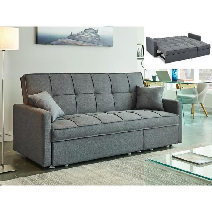 Canapé convertible en tissu CANETTI - VENTE-UNIQUE - 3 places - Gris - Couchage king size