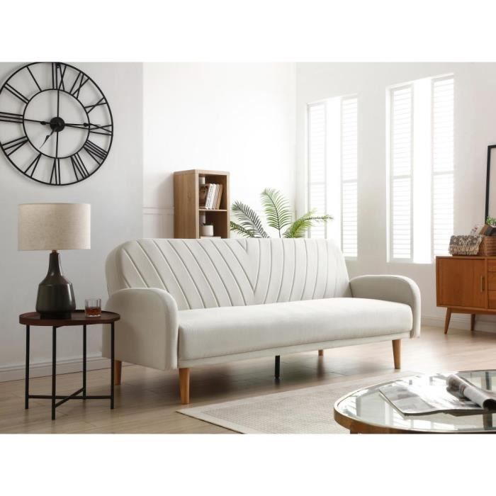 Canapé convertible VENAFRA - VENTE-UNIQUE - 3 places - Tissu crème - Pieds en bois