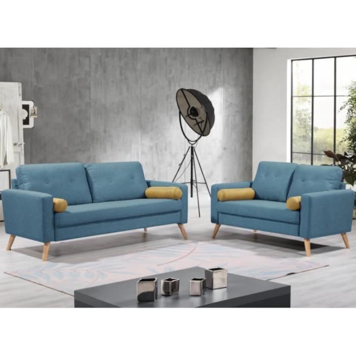Canapé 3+2 places TATUM en tissu - Bleu - VENTE-UNIQUE - Fixe - Scandinave - Moderne