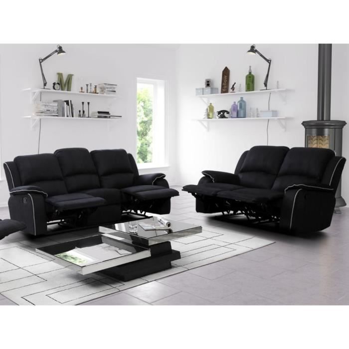 Canapé 3+2 places relax en microfibre HERNANI - Noir - VENTE-UNIQUE - Relaxation - 5 places