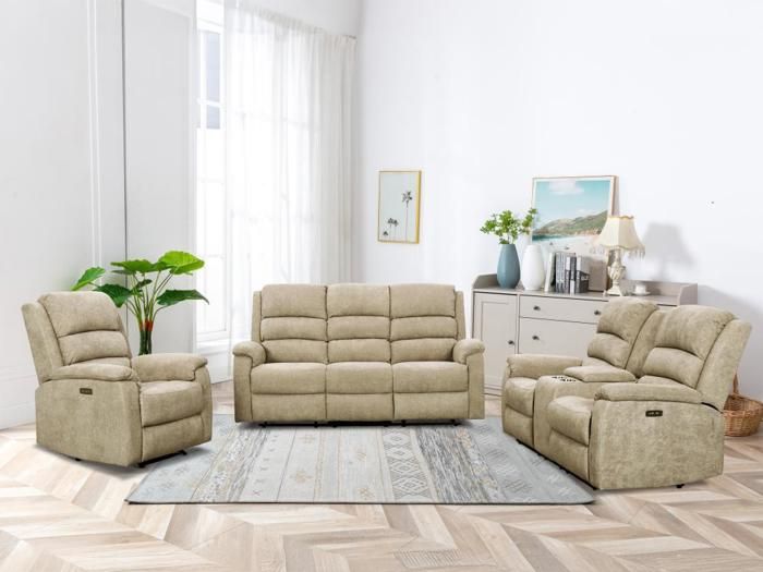 Canapés 3 places et 2 places relax électrique en tissu taupe avec tablette NEVERS