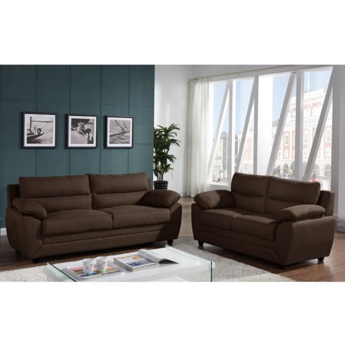 Canapé 3+2 places en tissu MANOA - VENTE-UNIQUE - Marron - Design élégant - Lignes arrondies - Grand confort