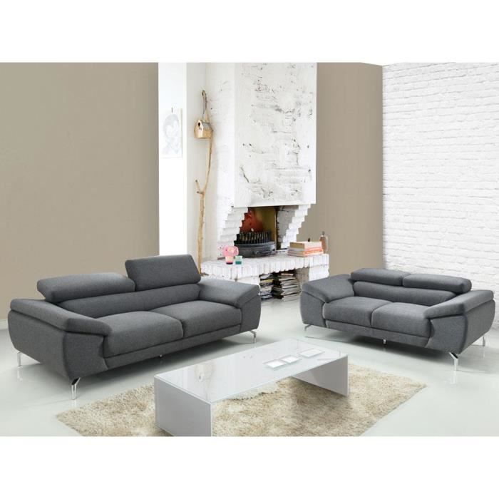 Canapé 3+2 places en tissu GRETEL - Gris - Contemporain - Design - Fixe - VENTE-UNIQUE - Waterproof - Moelleux