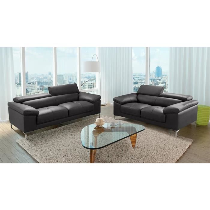 Canapé en cuir SOLANGE - VENTE-UNIQUE - 3+2 places - Anthracite - Confort ferme - Design contemporain