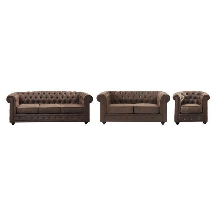 Canapé 3+2+1 places CHESTERFIELD en microfibre aspect cuir vieilli