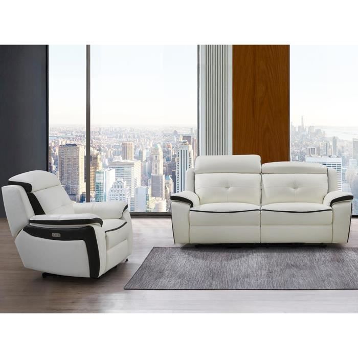 Canapé relaxation électrique en cuir ANGELIQUE - Blanc/anthracite - VENTE-UNIQUE