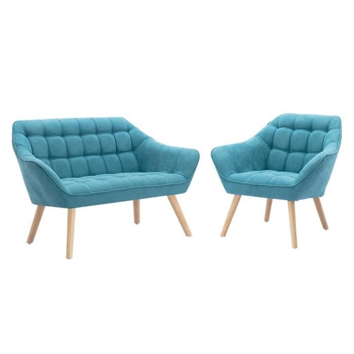 Canapé 2 places et fauteuil en tissu bleu CASERTA