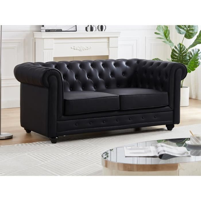 Canapé 2 places en simili noir CHESTERFIELD