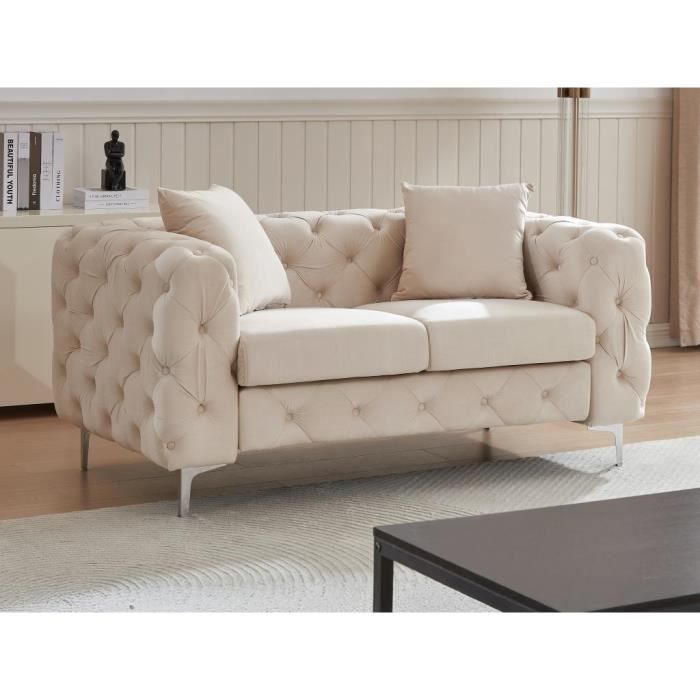 Canapé 2 places chesterfield en velours beige EDWINA