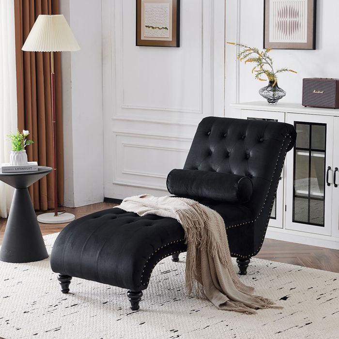 Méridienne canapé simple avec coussin lombaire Tissu avec points de traction et clous en laiton - SWEIKO -  Noir