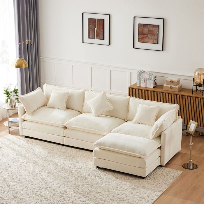 Canapé d'angle rembourré 3 places canapé angle en L - SWEIKO - Tissu chenille Beige