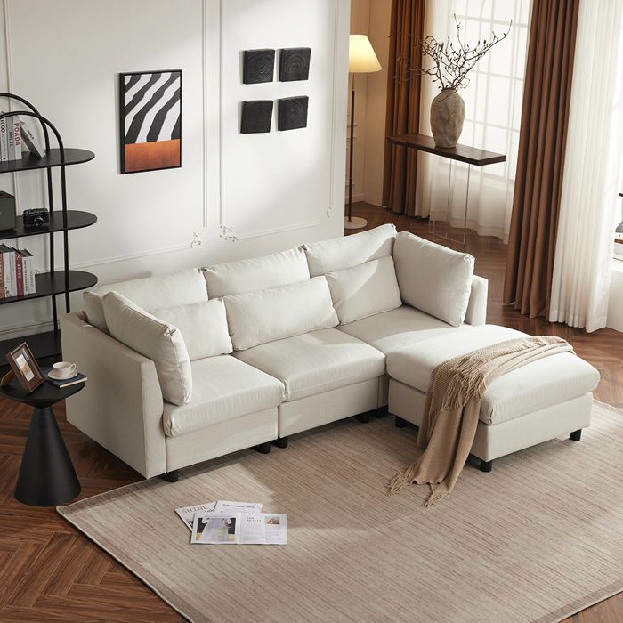 Canapé d'angle avec repose-pieds Canapé trois places en forme de L Design moderne Meubles rembourrés de salon Beige