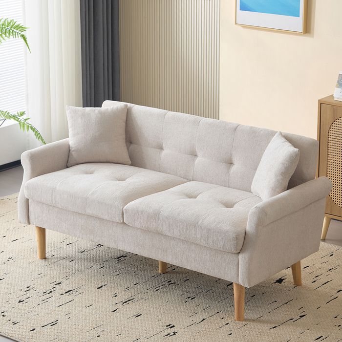 Canapé 2 places fixe canapé droit rembourré avec coussins épais - SWEIKO - Tissu chenille Beige