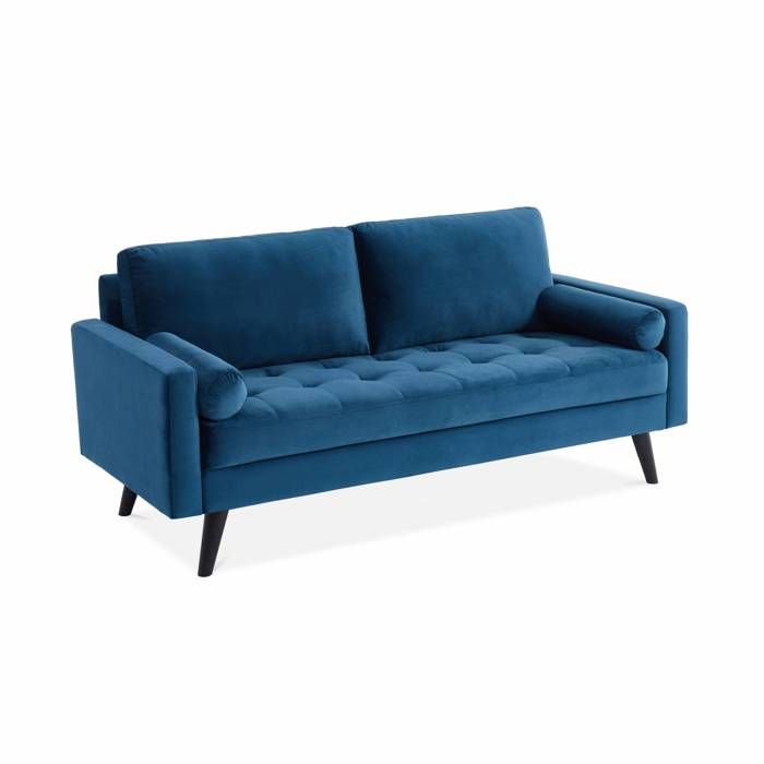 Canapé en velours bleu pétrole. 3 places scandinave fixe. droit. pieds bois noir