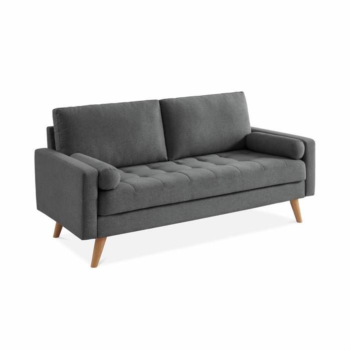 Canapé en tissu gris foncé. 3 places scandinave fixe. droit. pieds bois