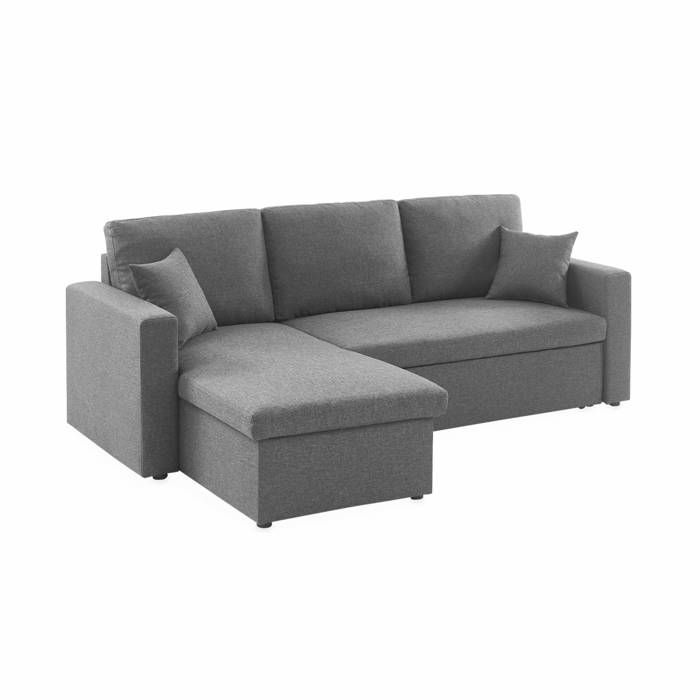 Canapé d'angle convertible en tissu gris chiné foncé - IDA - 3 places. fauteuil d'angle réversible coffre rangement lit modulable