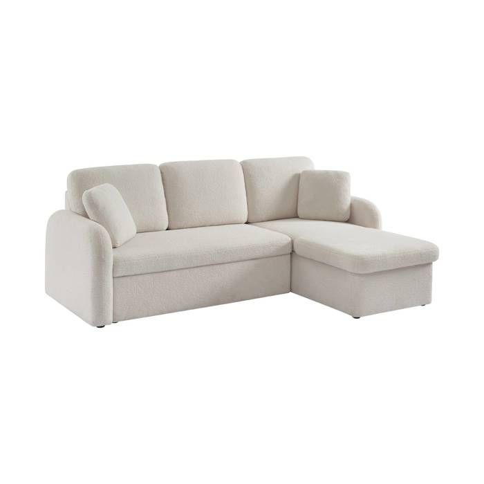 Canapé d'angle convertible en tissu bouclettes blanches - Milano - 3 places. fauteuil d'angle réversible coffre rangement lit