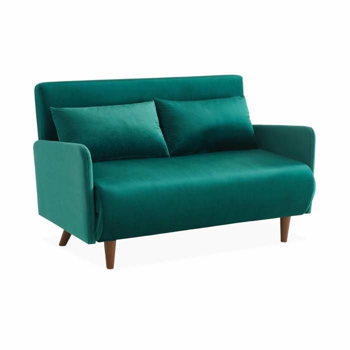 Canapé convertible en velours - Panam - 2 places scandinave. pieds bois foncé. vert. banquette. dossier inclinable