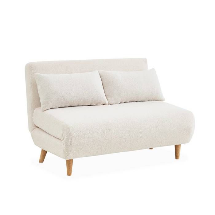 Canapé convertible en tissu bouclettes blanches- Guesta - 2 places scandinave. pieds bois foncé. banquette. dossier inclinable