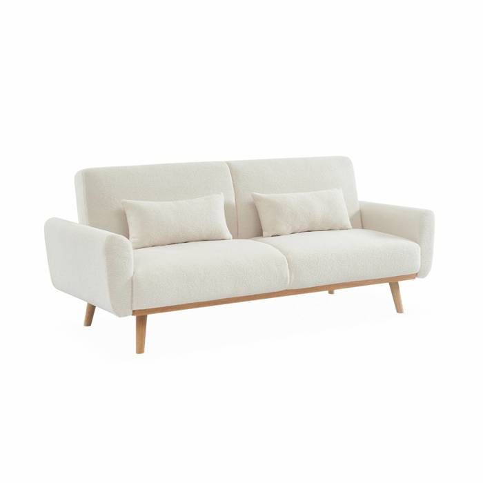 Canapé convertible à bouclettes blanches- Oskar - 2 - 3 places scandinave droit avec pieds bois