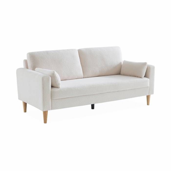 Canapé à bouclettes blanc cassé - Bjorn - Canapé 3 places fixe droit pieds bois. style scandinave