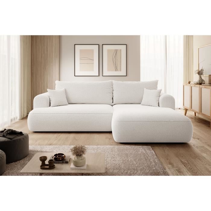 Canapé d'angle - OVO - avec fonction de couchage en forme de L - crème - avec coffre en boucle côté droit