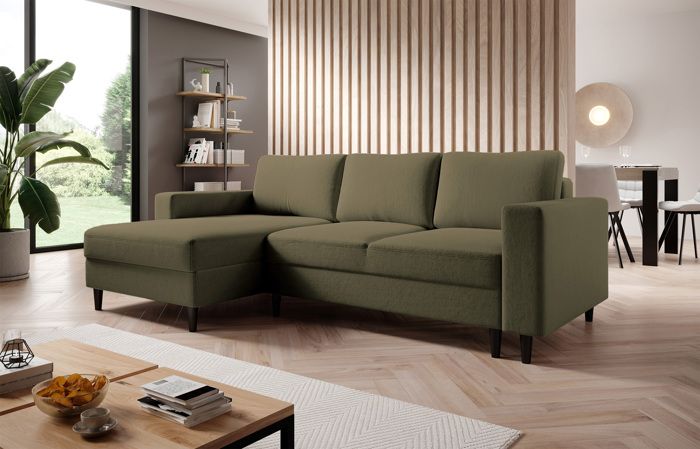 Canapé d'angle - NALIKA - 230 cm - en L avec un coffre de rangement - velours hydrophobe - olive - côté gauche