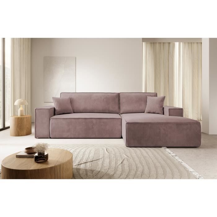 Canapé d'angle - FARESE NEW - 267 cm - en L avec coffre de rangement Canapé droit en velours côtelé rose