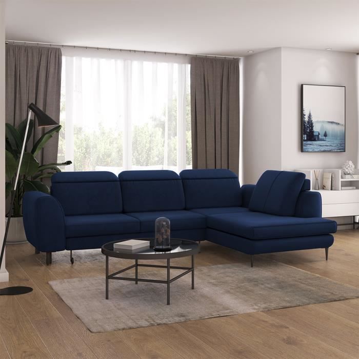 Canapé d’angle convertible - TASAR - côté droit - bleu marine - 211x126 cm - en velours - style moderne