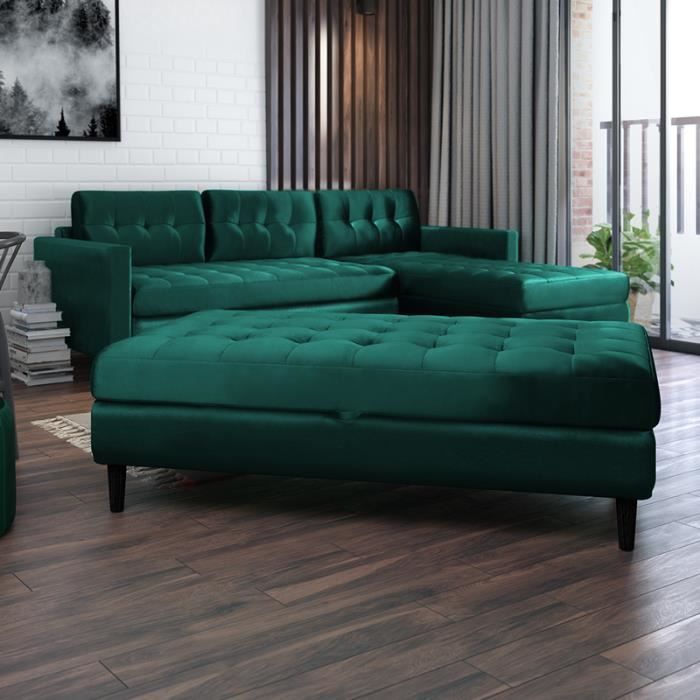Canapé d’angle avec pouf- KOPENHAGA -tissu Monolith 37 vert bouteille- pieds noirs en bois- coffre de rangement intégré dans le