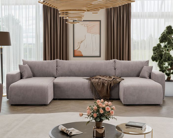 Canapé d'angle U convertible - PIANONO - en velours côtelé beige