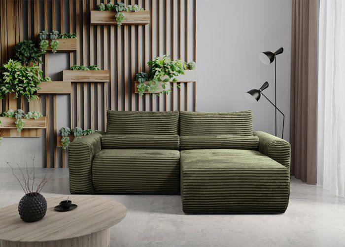 Canapé d'angle réversible avec fonction de couchage - LEO - en velours côtelé vert olive