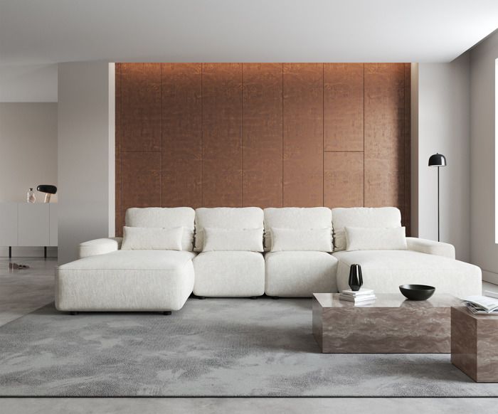 Canapé d'angle en U - CARNOS - avec fonction de couchage - velours hydrophobe crème