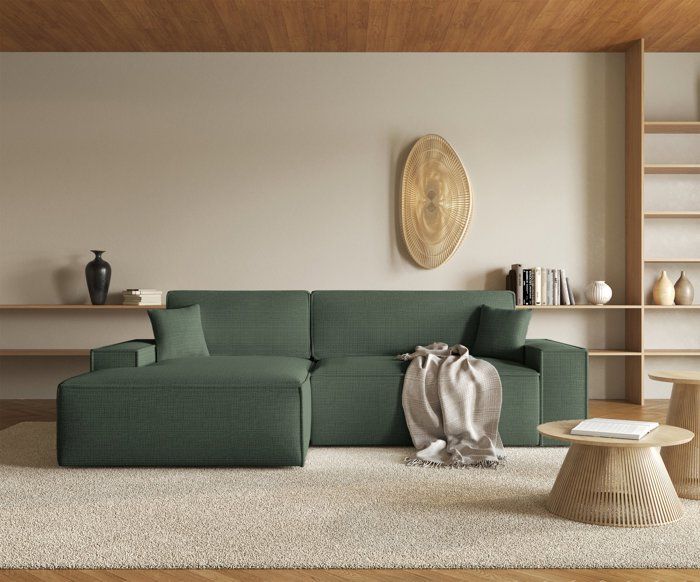 Canapé d'angle en forme de L avec fonction de couchage - FARESE NEW - tissu chenille - sauge - côté gauche