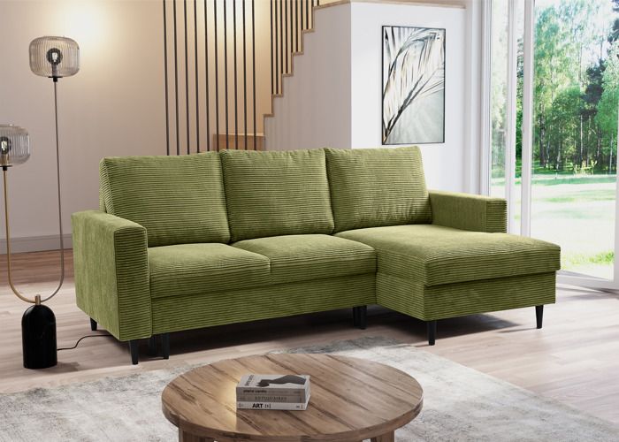 Canapé d'angle - NALIKA - avec fonction couchage en L - velours côtelé couleur pistache - côté droit