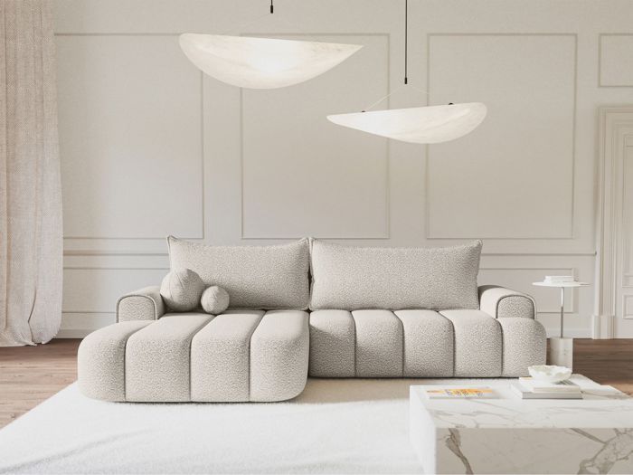 Canapé d'angle convertible - DANDELINO - en bouclé crème avec revêtement -côté gauche