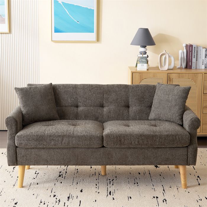 Canapé 2 Places en Tissu Chenille Bronze pour salon, Canapé Scandinave avec coussins, Pieds en bois, 162x74x77cm