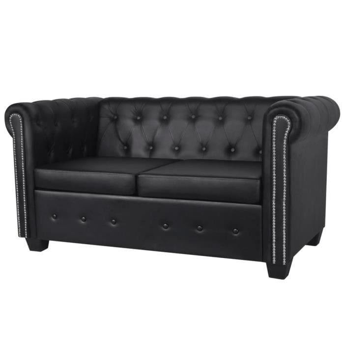 Canapé Chesterfield 2 places - SALALIS - Sellerie cuir synthétique + structure bois - noir - 145,5 x 76 x 70 cm