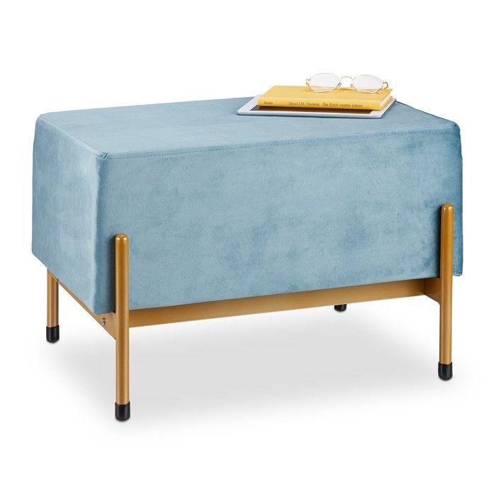Relaxdays Banquette large en velours, banc rembourré avec pieds en métal, HLP : 40x60x43,5 cm, bleu clair/doré