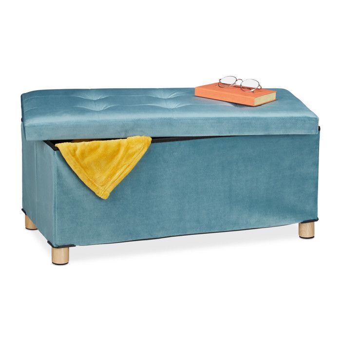Relaxdays Banquette de rangement, couvercle matelassé, revêtement velours, pieds en bois, HLP : 34x76x38 cm, turquoise
